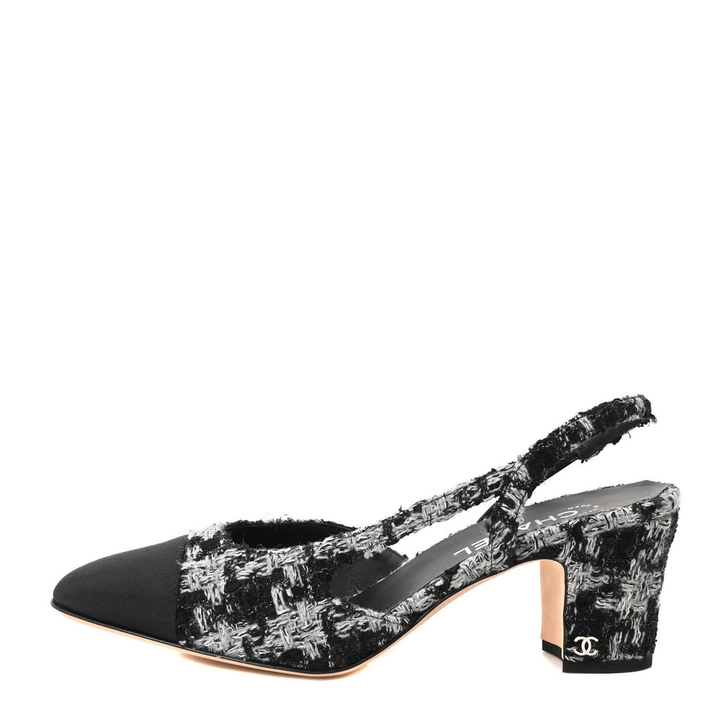 Tweed Grosgrain Cap Toe CC Slingback Pumps 41.5 Black Grey