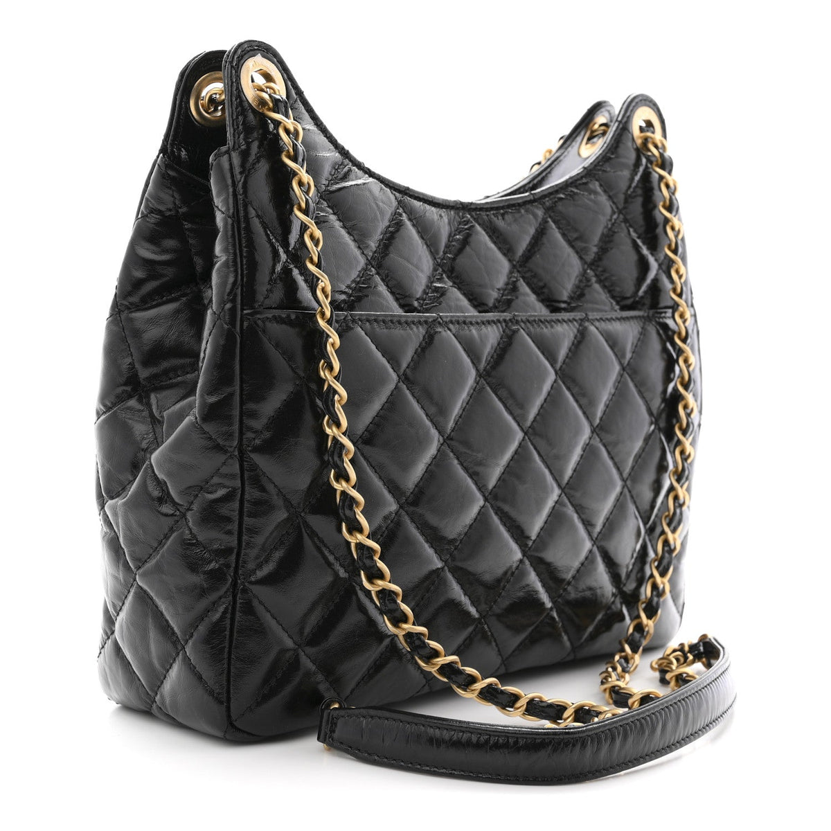 Shiny Crumpled Calfskin Quilted Wavy CC Hobo Black