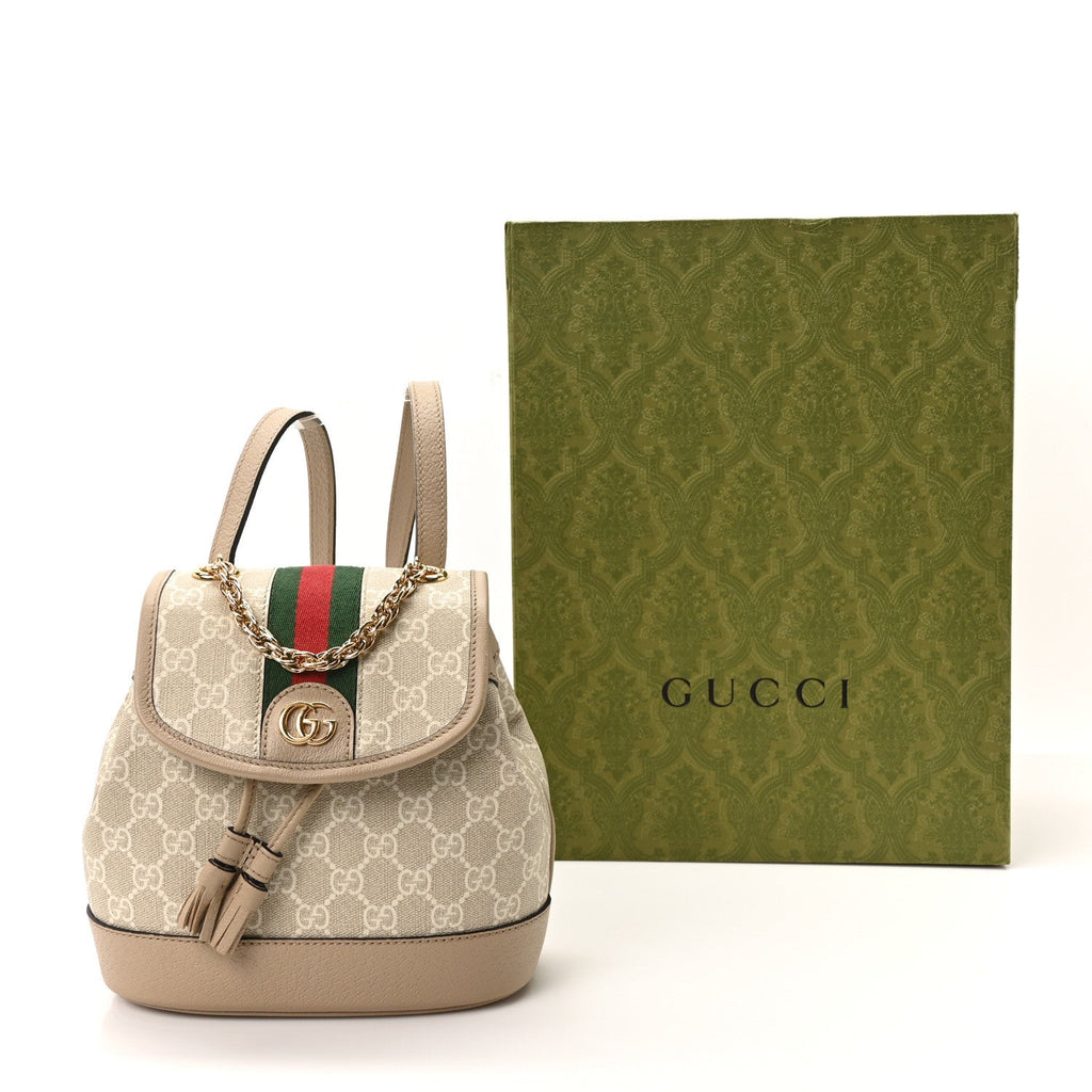 GG Supreme Monogram Textured Dollar Calfskin Web Mini Chain Drawstring Backpack Beige Mystic White Oatmeal
