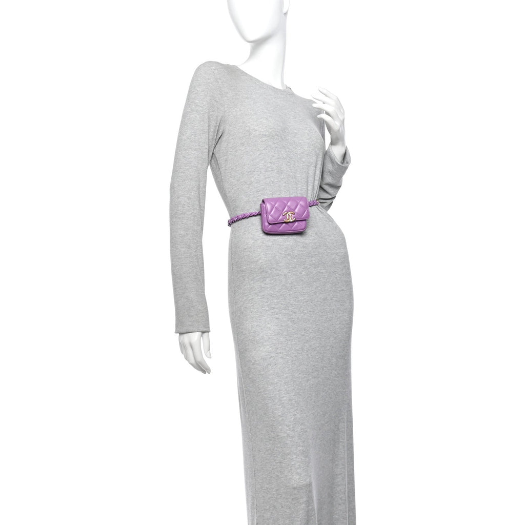 Lambskin Lacquered Metal Quilted Flap Chain Belt Bag Purple