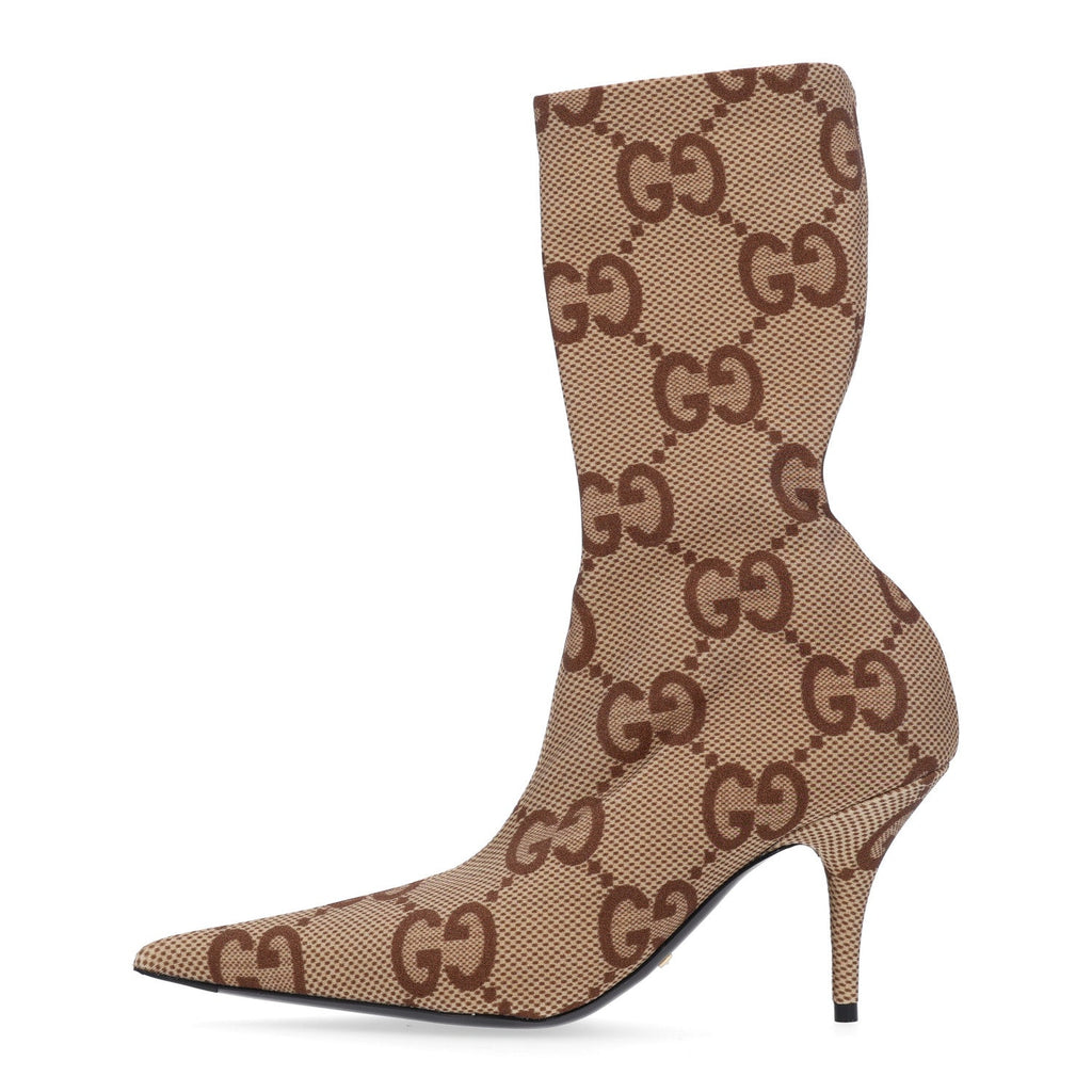 X GUCCI Jersey Maxi GG Monogram Crepe Knife Booties 36 Camel Ebony