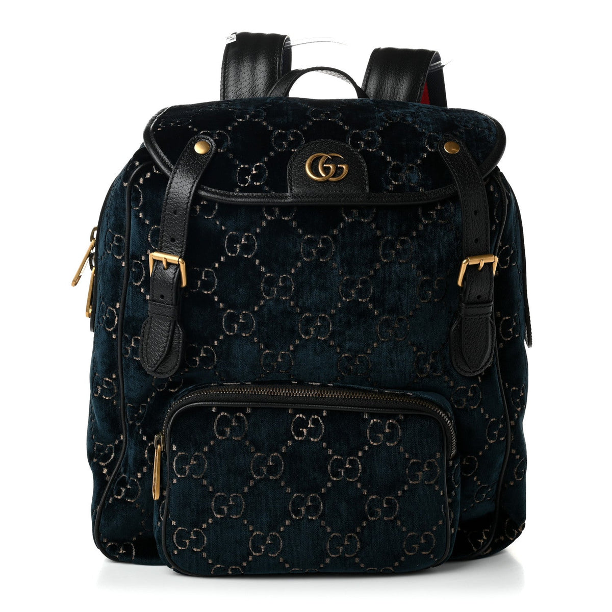 Velvet GG Monogram Textured Calfskin Web Small Double Buckle Backpack Blue Beige Black
