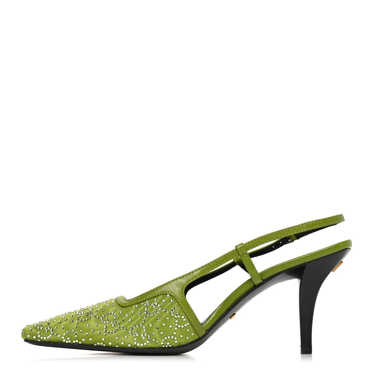 Moire Fabric Malaga Kid Crystal GG Monogram Square G 75mm Slingback Pumps 37 Lemon Leaf