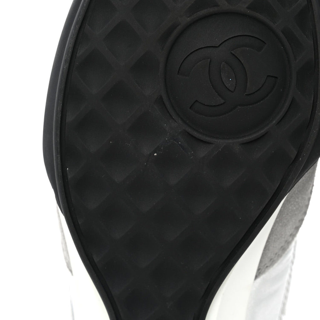 Laminated Calfskin Suede Quilted Womens CC Sneakers 37.5 Silver White Gray