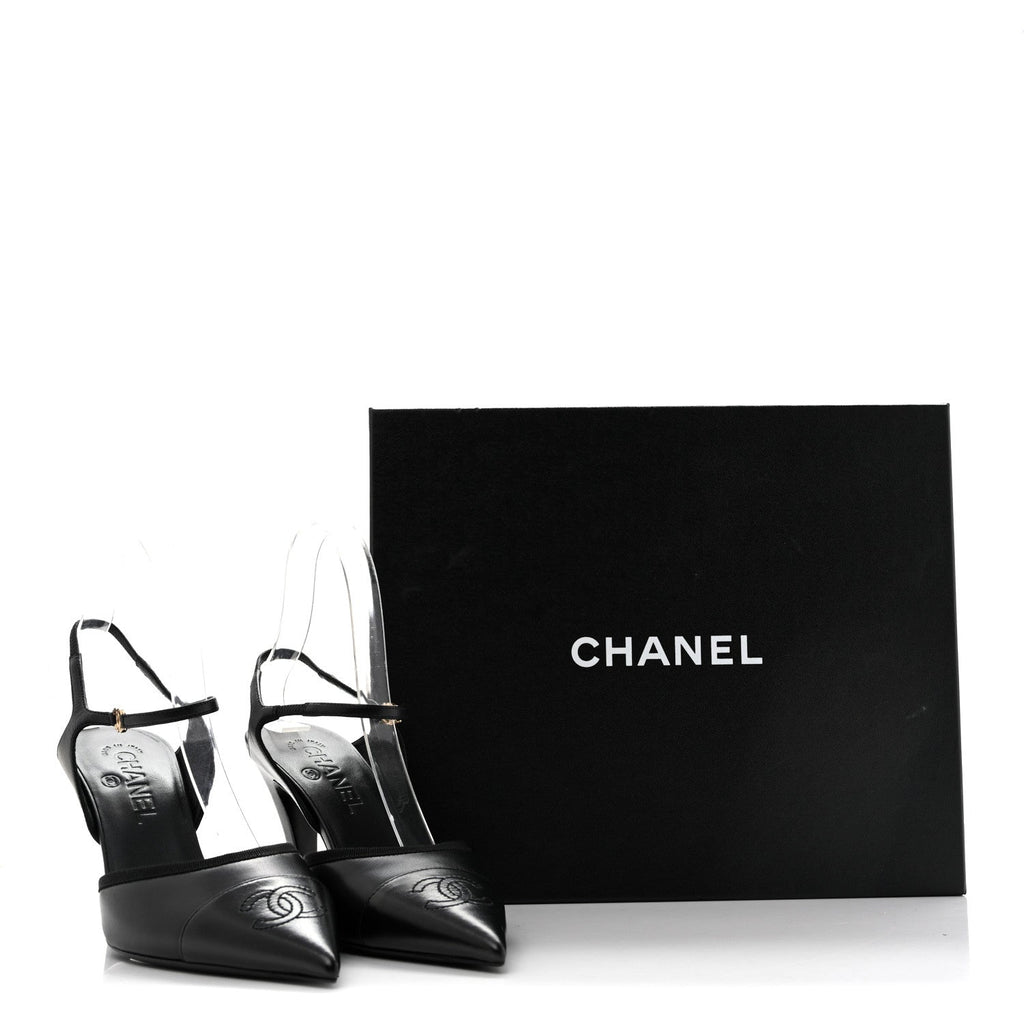 Lambskin Pointed Cap Toe CC Slingback Pumps 38 Black