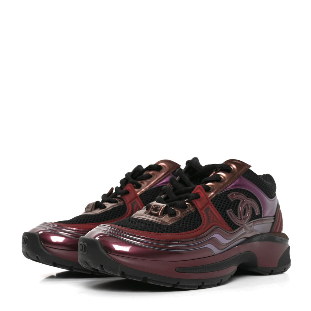 Fabric Laminated Calfskin Stretch CC Womens Sneakers 36 Black Purple Burgundy