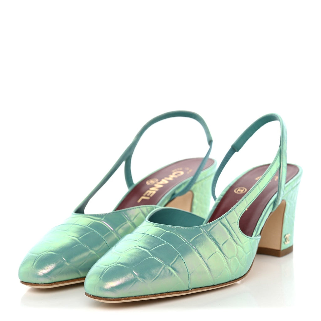 Iridescent Embossed Patent CC Cap Toe CC Slingback Pumps 37.5 Turquoise