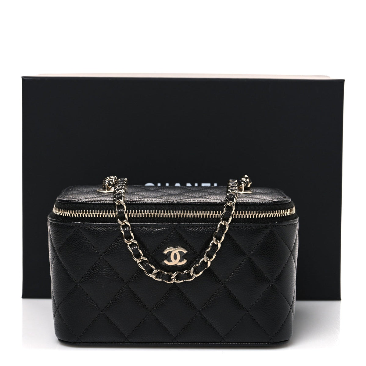 Caviar Quilted Small Vanity Case With Chain Black