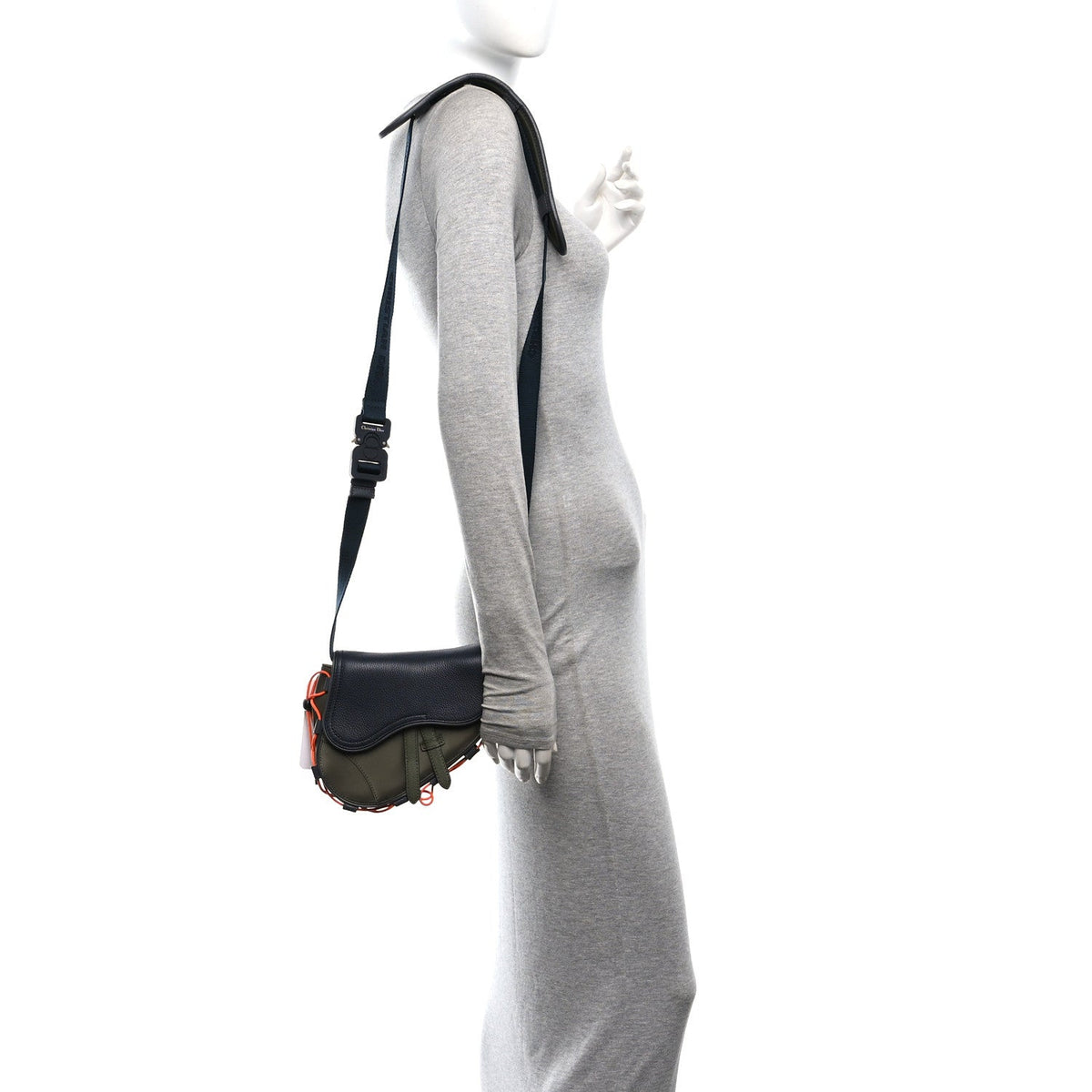 X SACAI Grained Calfskin Technical Fabric Mens Saddle Bag Olive Navy Blue