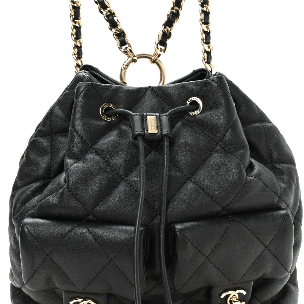 Calfskin Quilted Double Pocket Drawstring Backpack Black