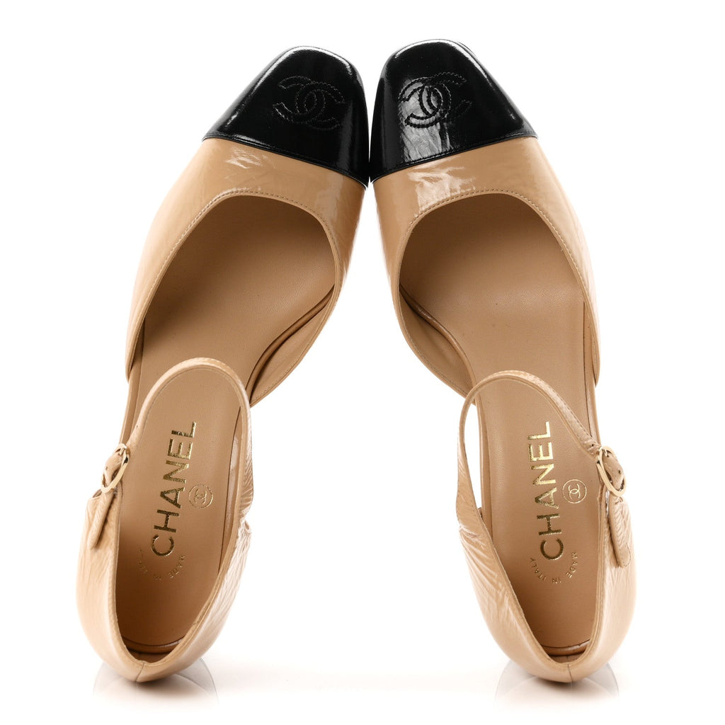 Shiny Lambskin CC Cap Toe Mary Janes Pumps 39 Beige Black