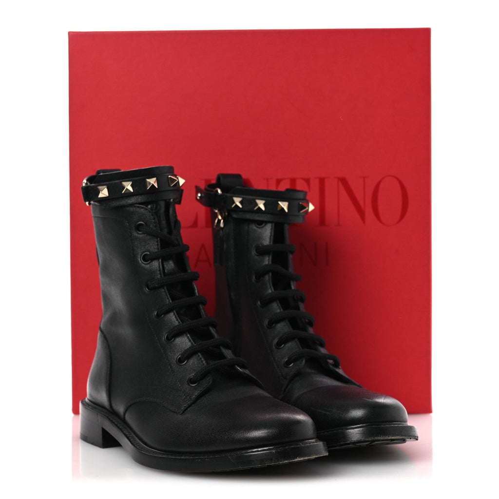 Calfskin Rockstud Combat Ankle Boots 37 Black