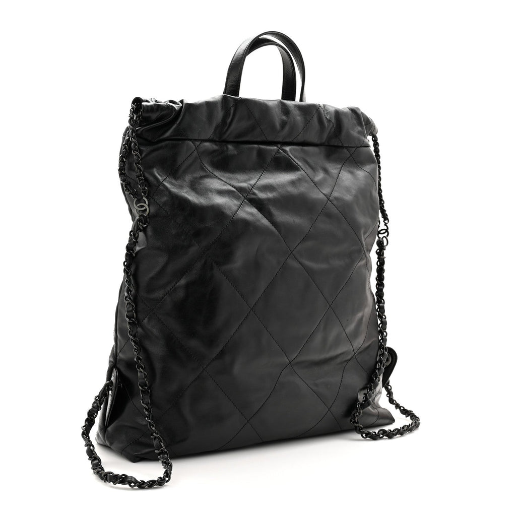 Shiny Calfskin Quilted Chanel 22 Backpack So Black