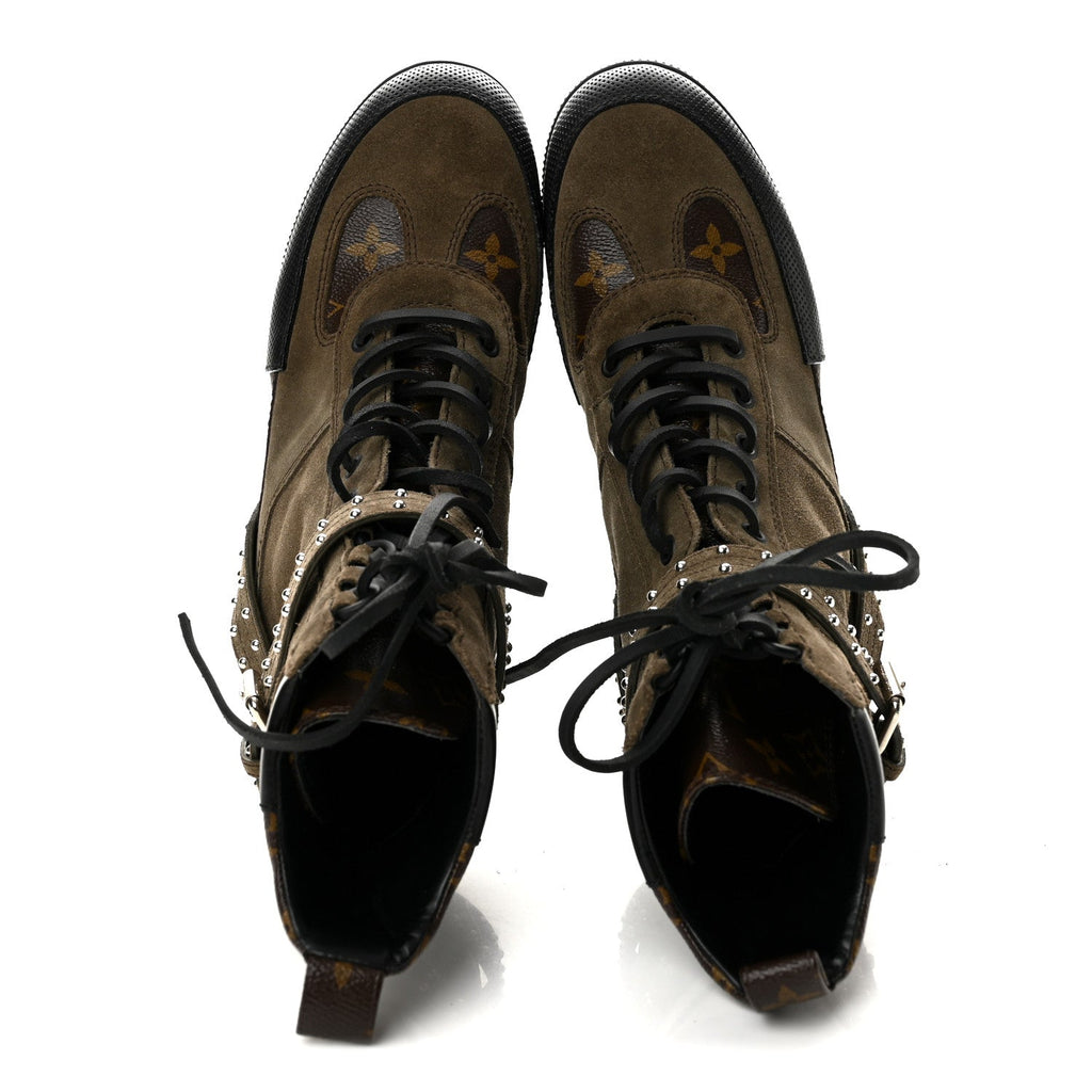 Suede Calfskin Monogram Laureate Platform Desert Boots 38 Kaki