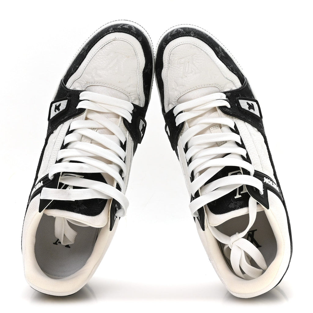 Calfskin Embossed Monogram Denim Mens LV Trainer Sneakers 9.5 Black