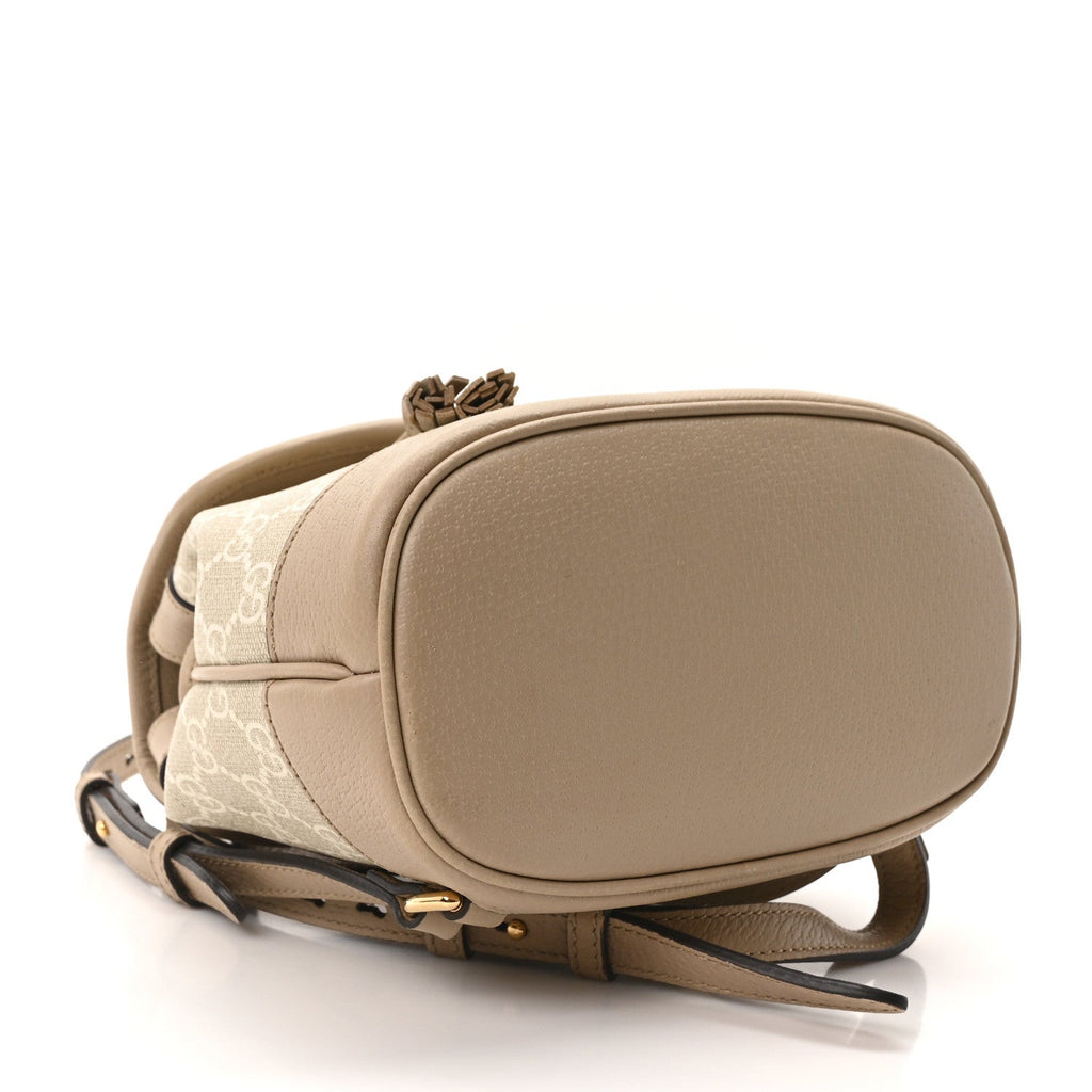 GG Supreme Monogram Textured Dollar Calfskin Web Mini Chain Drawstring Backpack Beige Mystic White Oatmeal