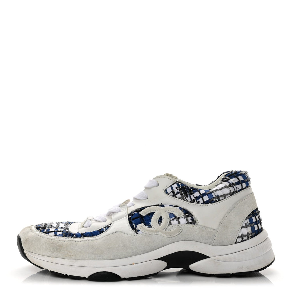 Tweed Suede Calfskin Womens CC Sneakers 41 Dark Blue Black Grey White