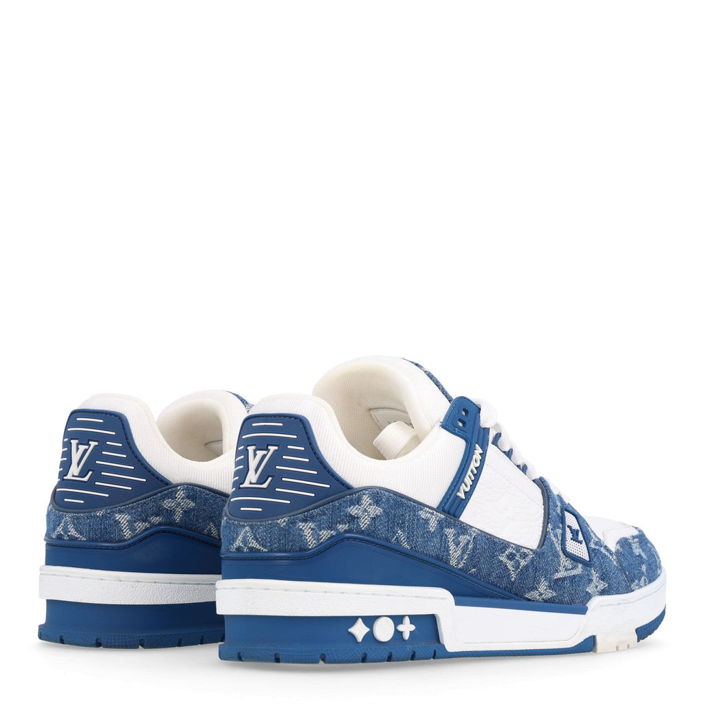 Calfskin Embossed Monogram Denim Womens LV Trainer Sneakers 40 Blue