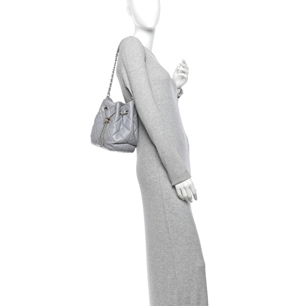 Lambskin Quilted CC Dweller Drawstring Bucket Bag Light Grey