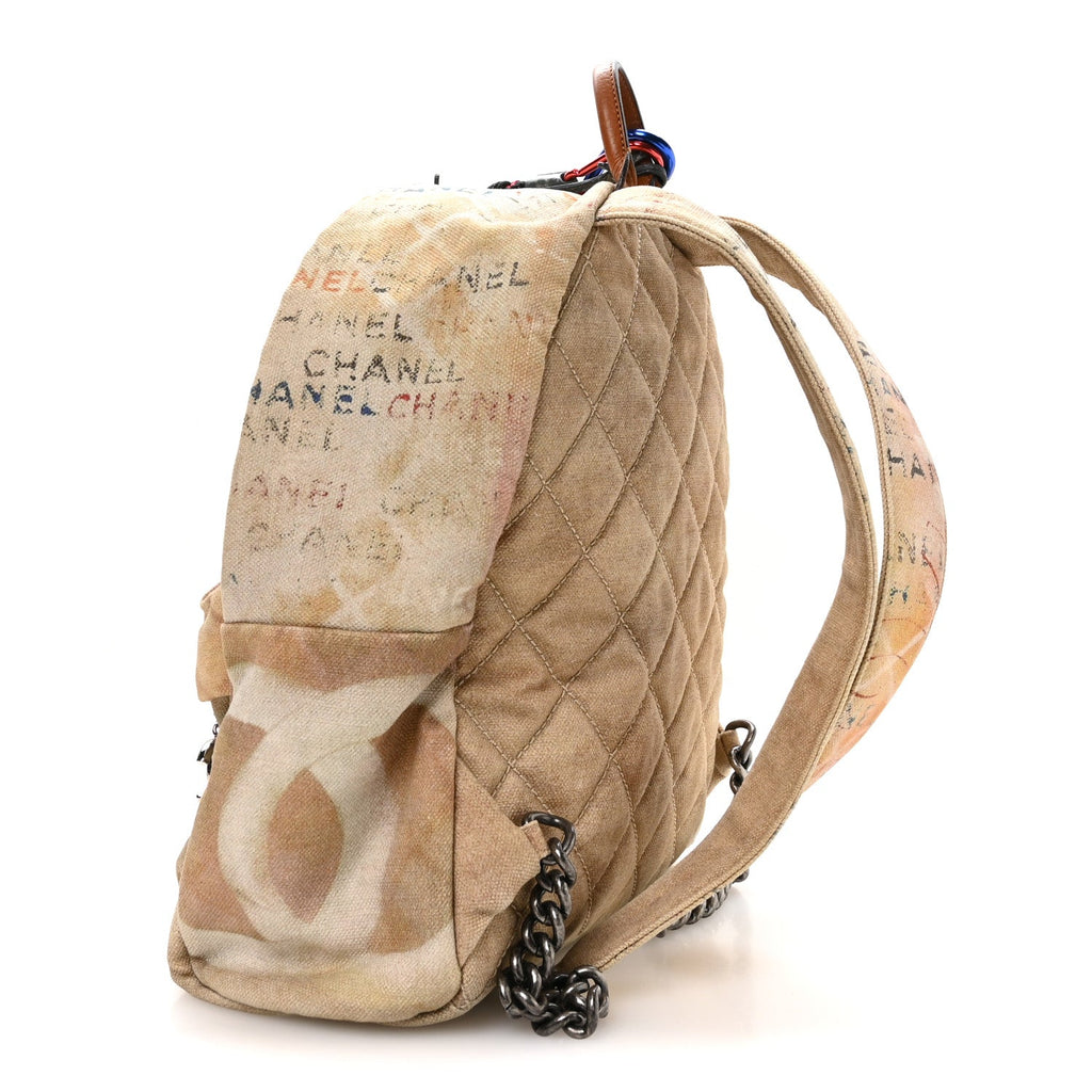 Graffiti Printed Canvas Medium Backpack Beige