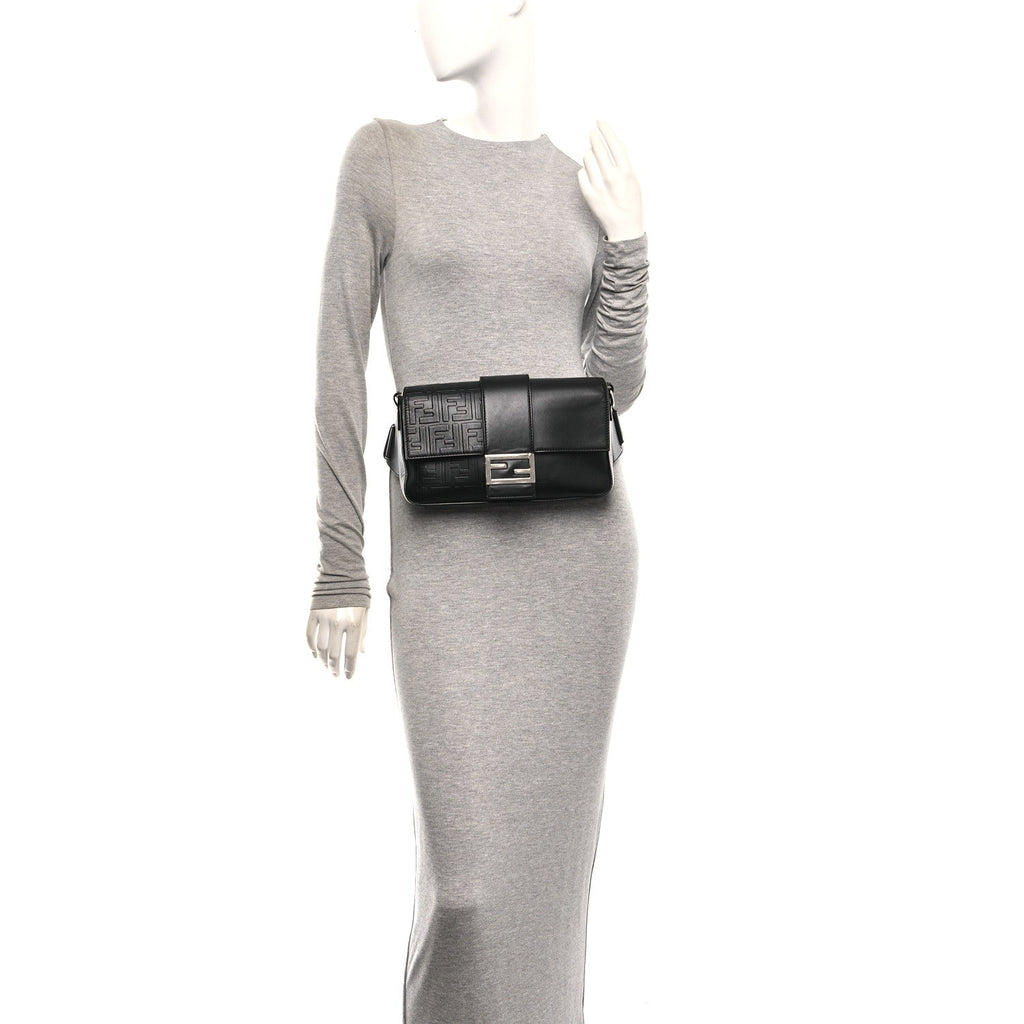 Vitello Grace FF Gradient Embossed Belt Baguette Bag Black