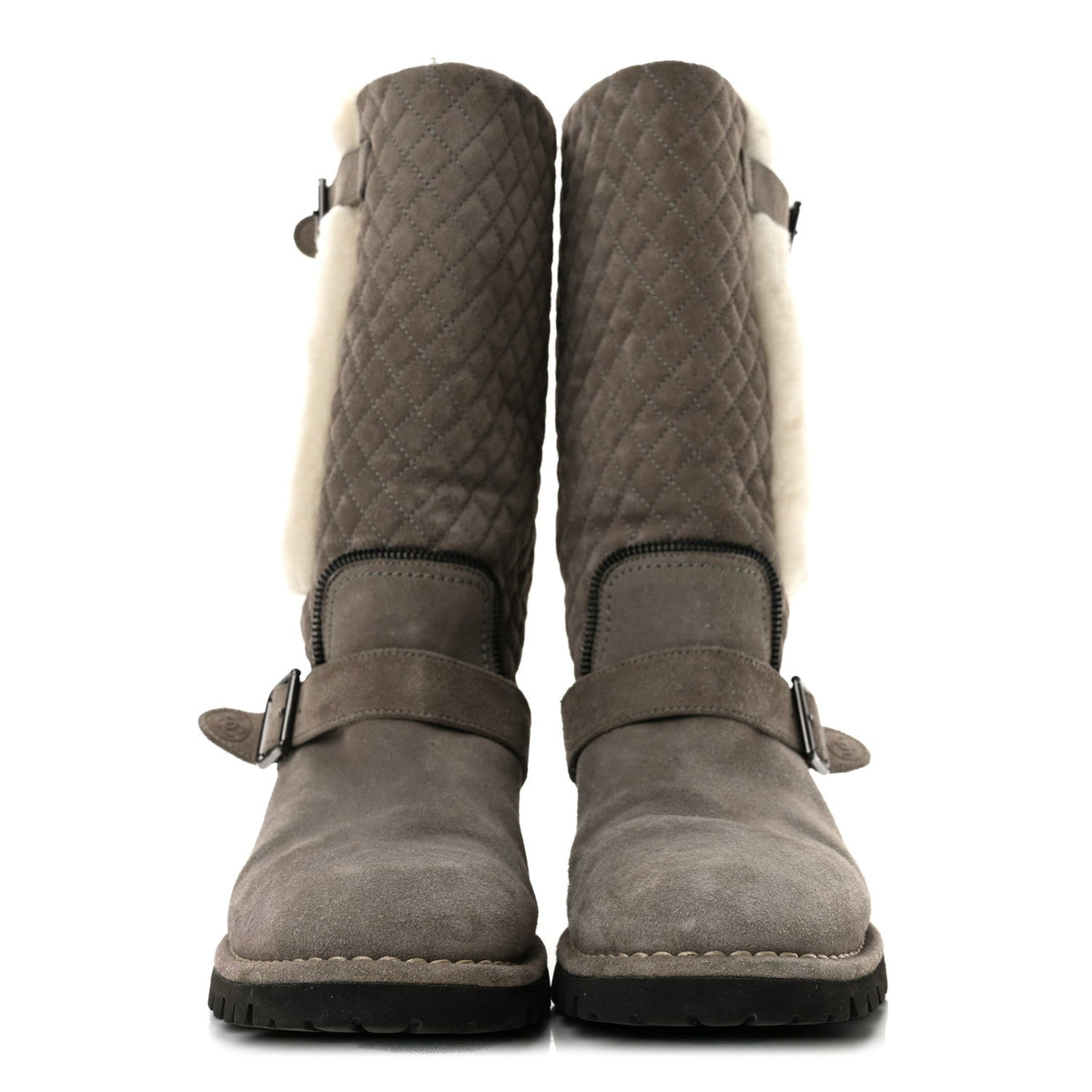 Shearling Suede Calfskin Quilted High Biker Boots 40 Grey