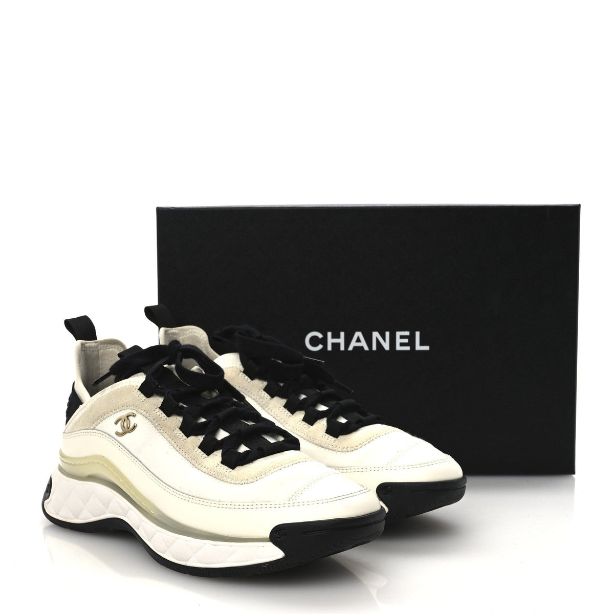 Velvet Calfskin Mixed Fibers CC Sneakers 38.5 Ivory Black