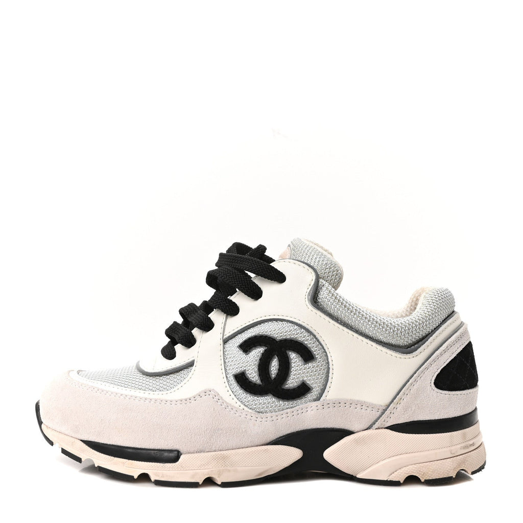 Mesh Suede Calfskin Grained Calfskin Womens CC Sneakers 37 White Silver Light Grey