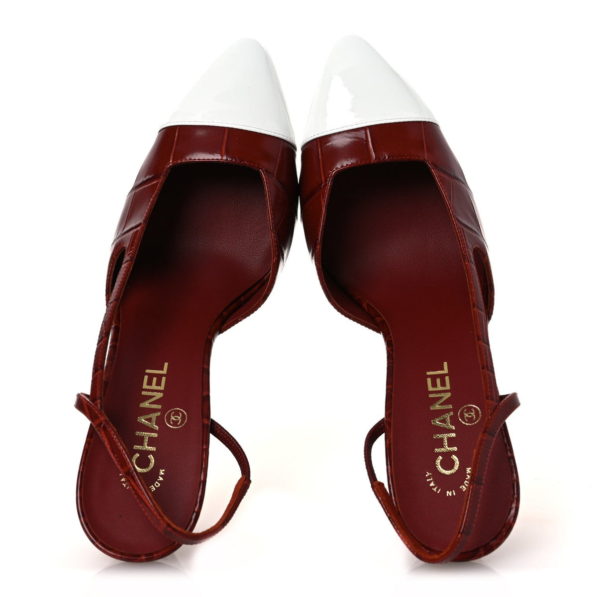Patent Calfskin Crocodile Embossed Cap Toe CC Slingback Pumps 39 Dark Red White