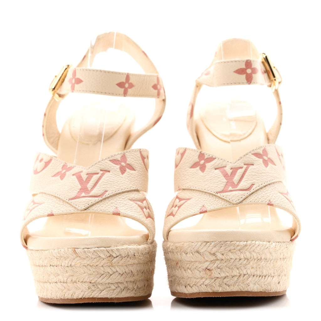 Empreinte Monogram Starboard Espadrille Wedge Sandals 37 Creme Rose Trianon