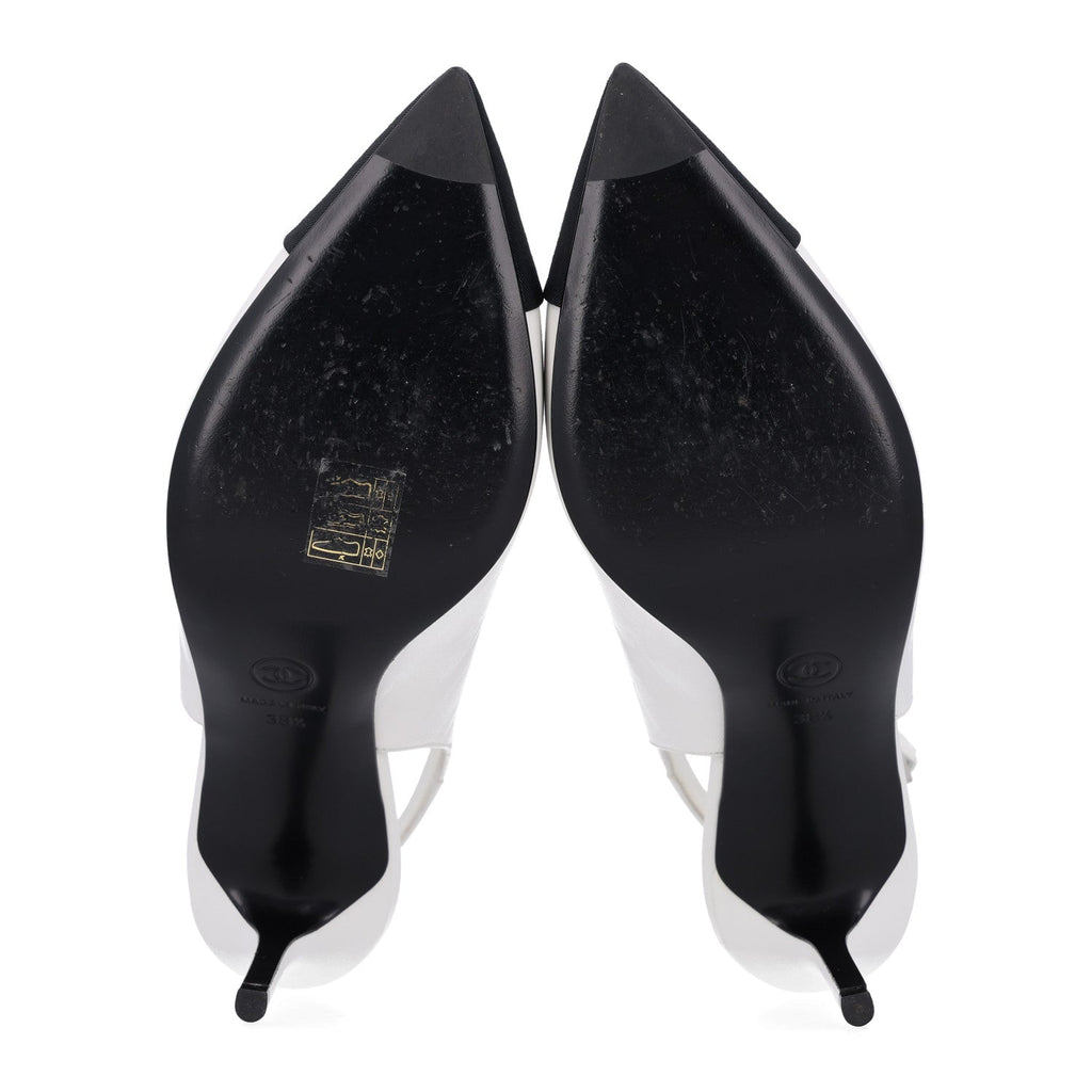 Goatskin Grosgrain Pointed Cap Toe CC Slingback Pumps 38.5 White Black