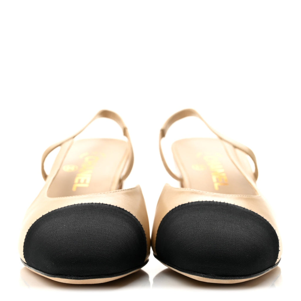 Goatskin Grosgrain Cap Toe CC Slingback Pumps 39 Beige Black