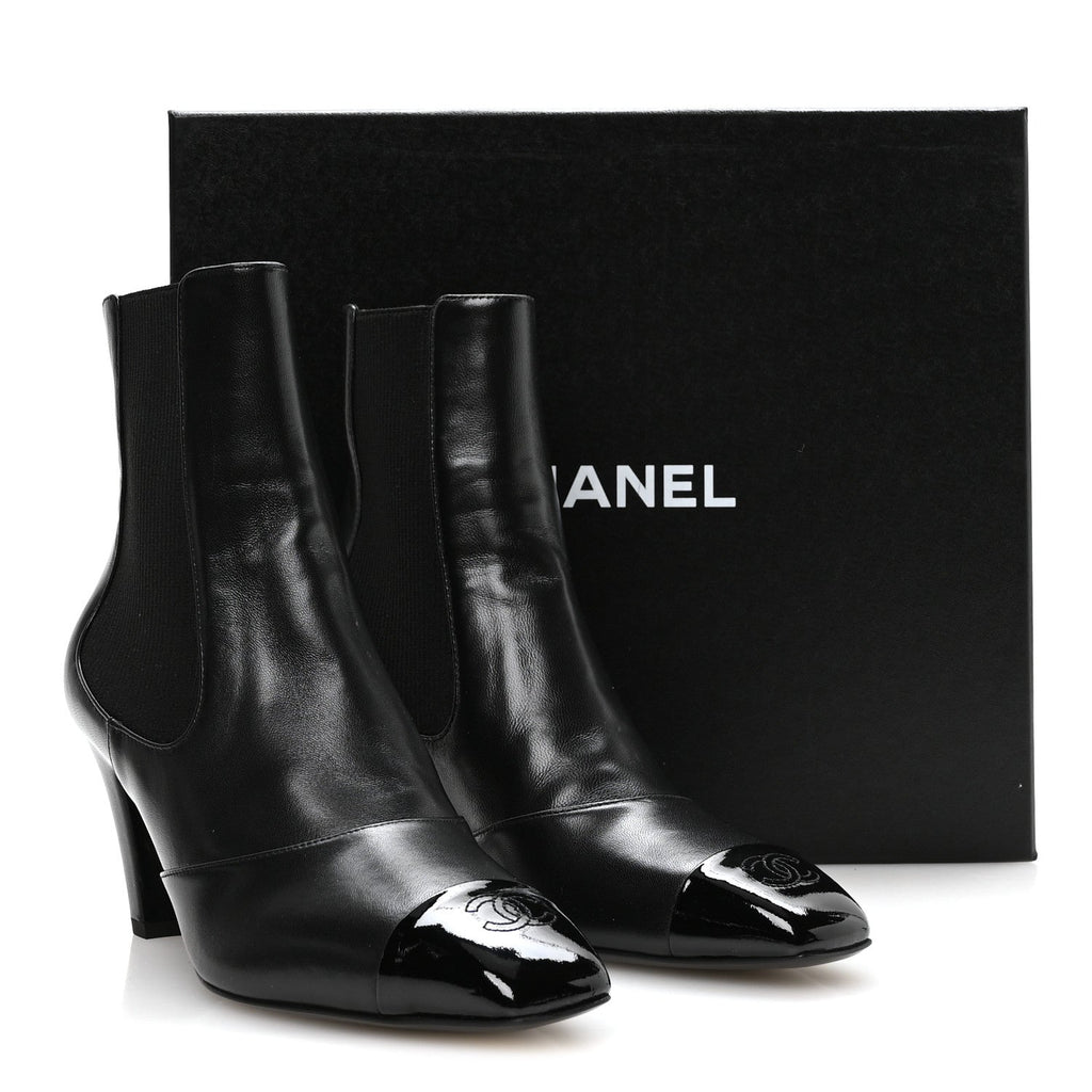 Lambskin Patent Calfskin CC Cap Toe Short Boots 39 Black