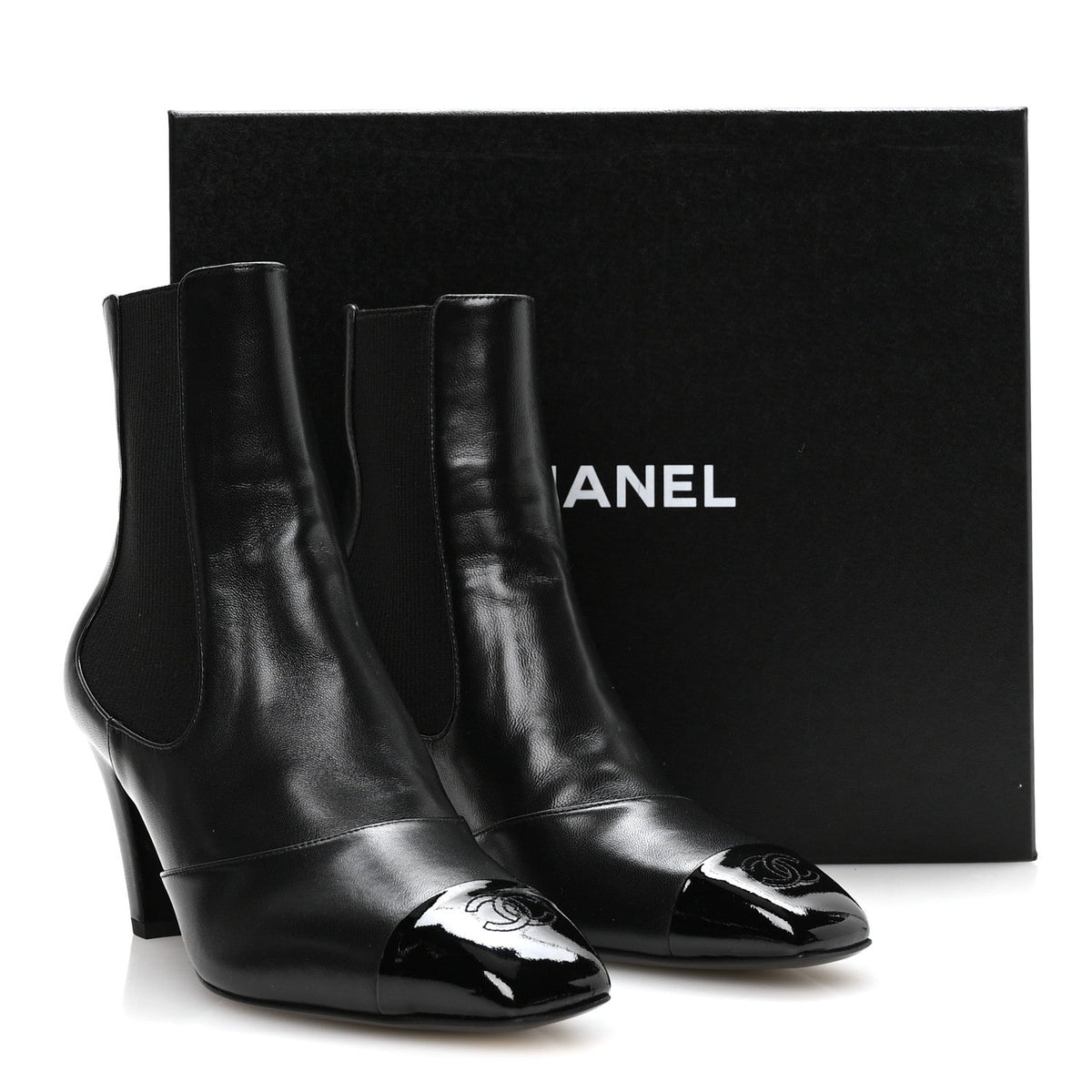 Lambskin Patent Calfskin CC Cap Toe Short Boots 39 Black