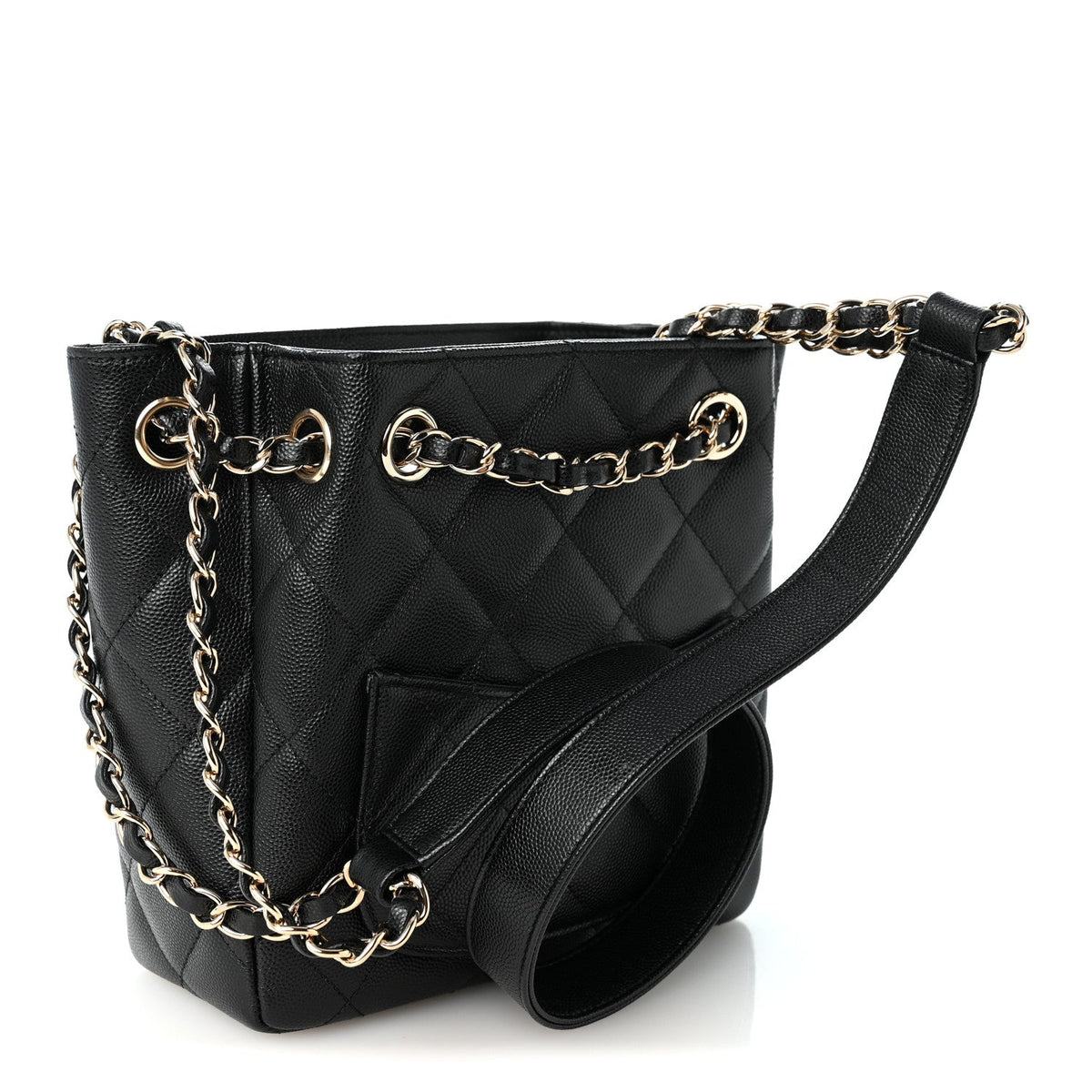 Caviar Quilted Flap Bucket Bag Black