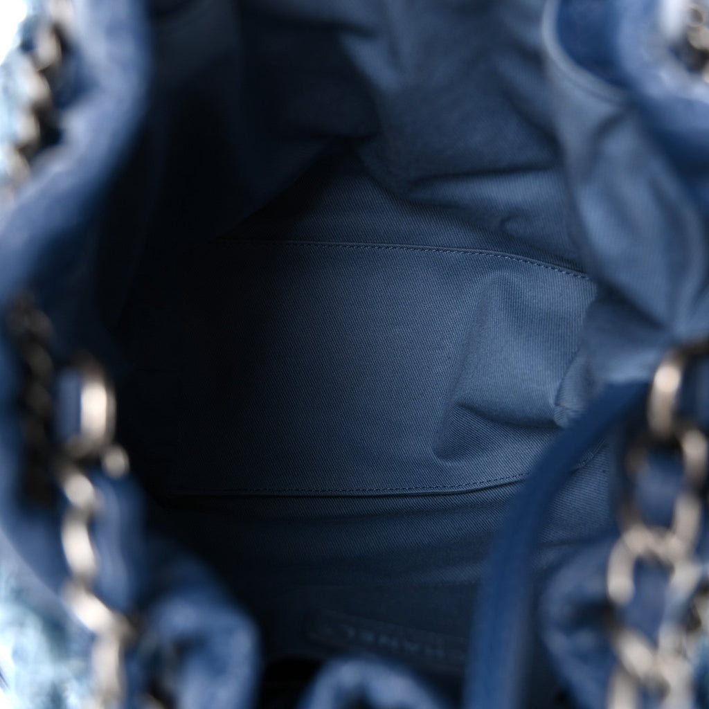 Calfskin Denim Fringe Chains CC Drawstring Bucket Bag Blue
