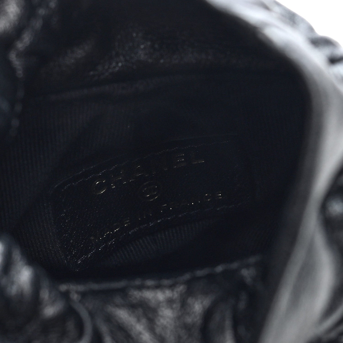 Shiny Lambskin Quilted Mini Drawstring CC Bucket Bag Black