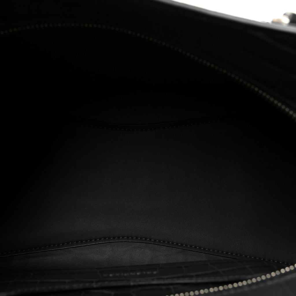 Shiny Supple Calfskin Crocodile Embossed Neo Classic Silver Hardware S City Dark Grey