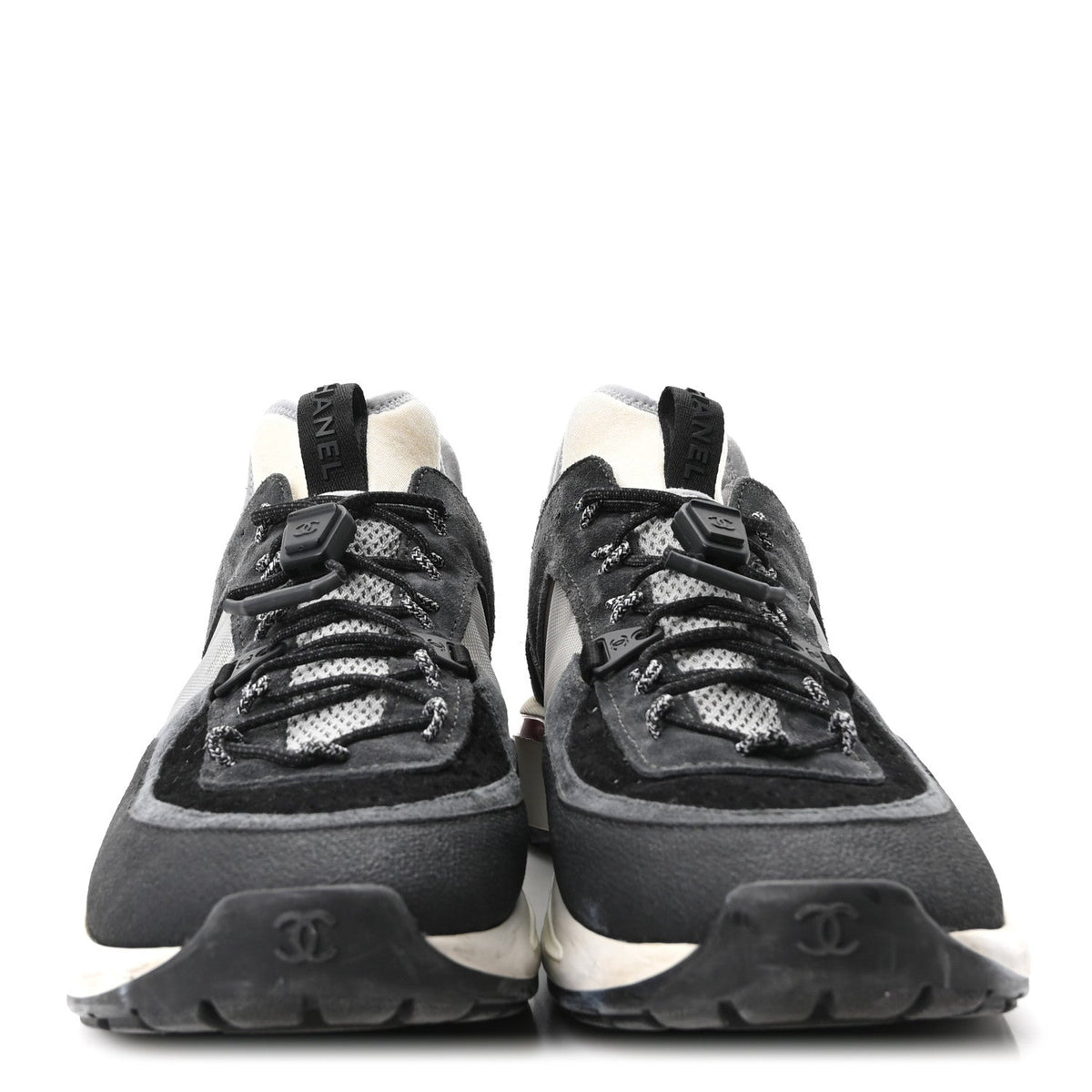 Fabric Suede Calfskin Mesh Womens CC Sneakers 40.5 Black Dark Grey White Light Grey