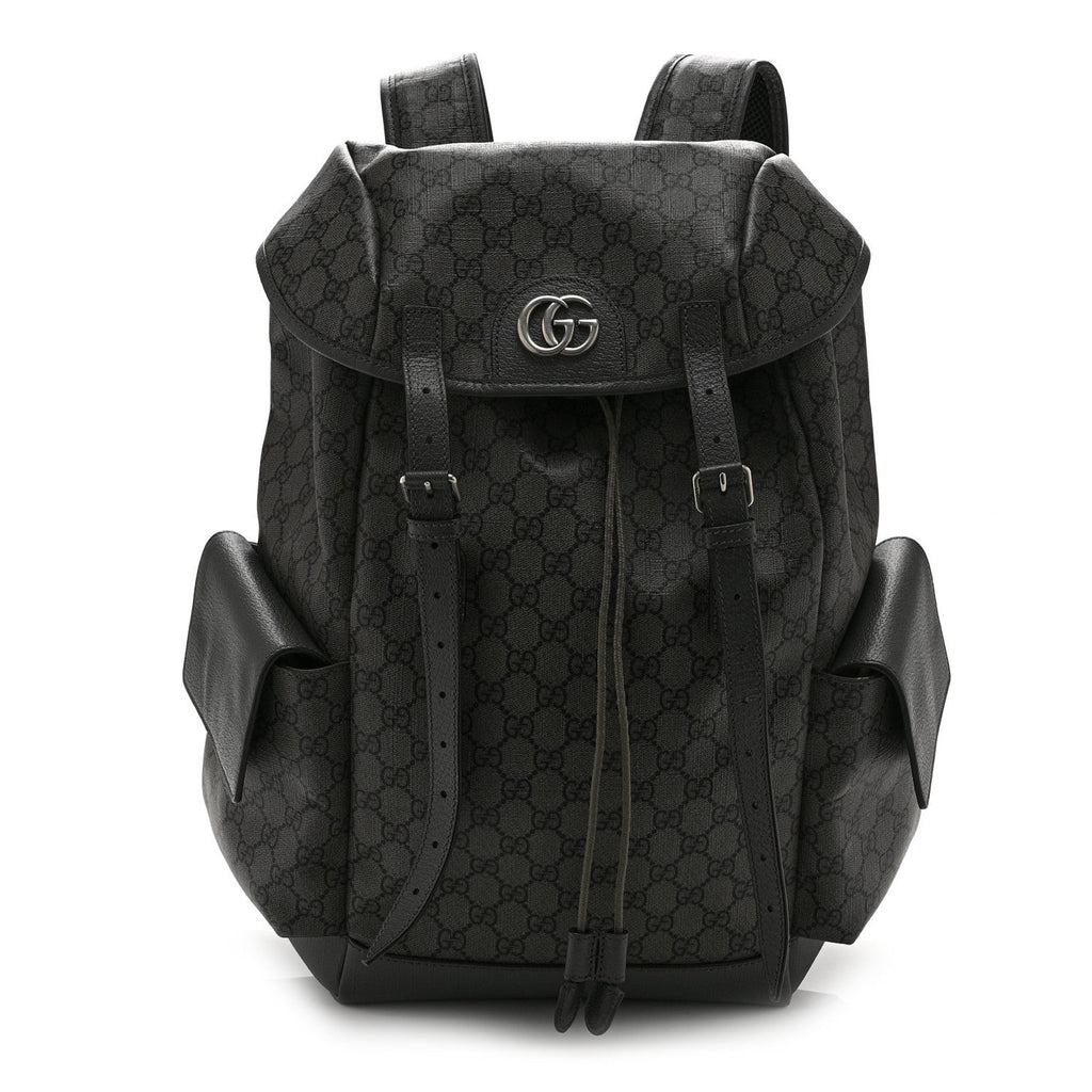 GG Supreme Monogram Textured Dollar Calfskin Medium Ophidia Double Buckle Backpack Grey Black Graphite Grey