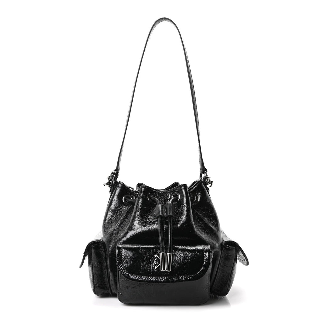 Calfskin Dumbo B Chain Pocket Bucket Bag Black
