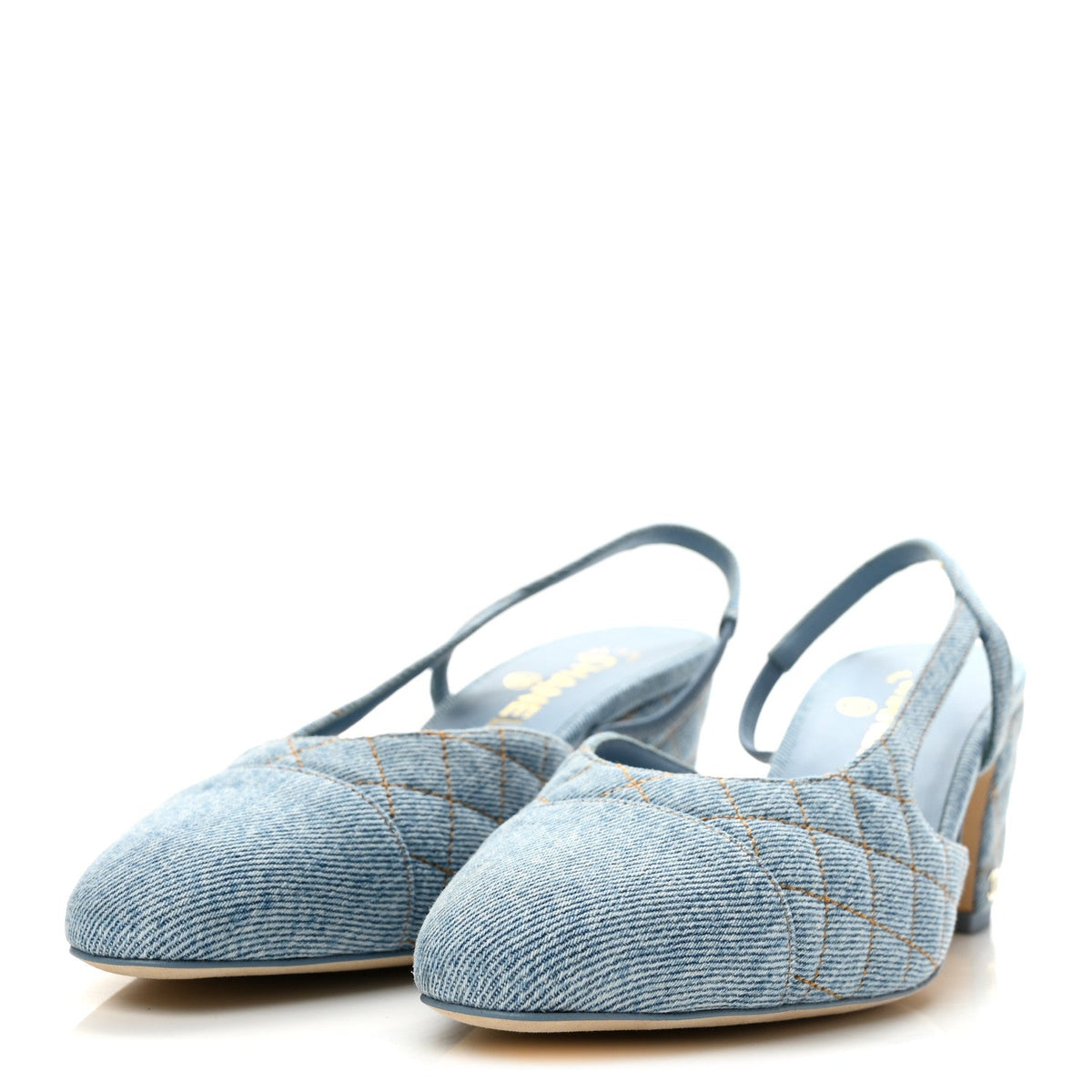 Denim Quilted Cap Toe Slingback Pumps 40 Light Blue