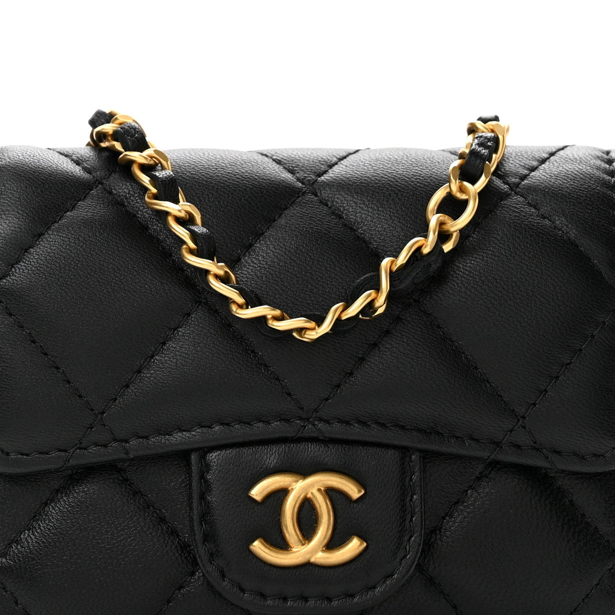Lambskin Coco Enamel Quilted Mini Chain Belt Bag Black