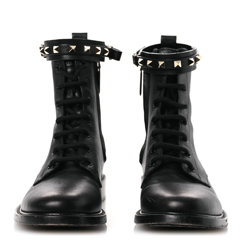 Calfskin Rockstud Combat Ankle Boots 37 Black