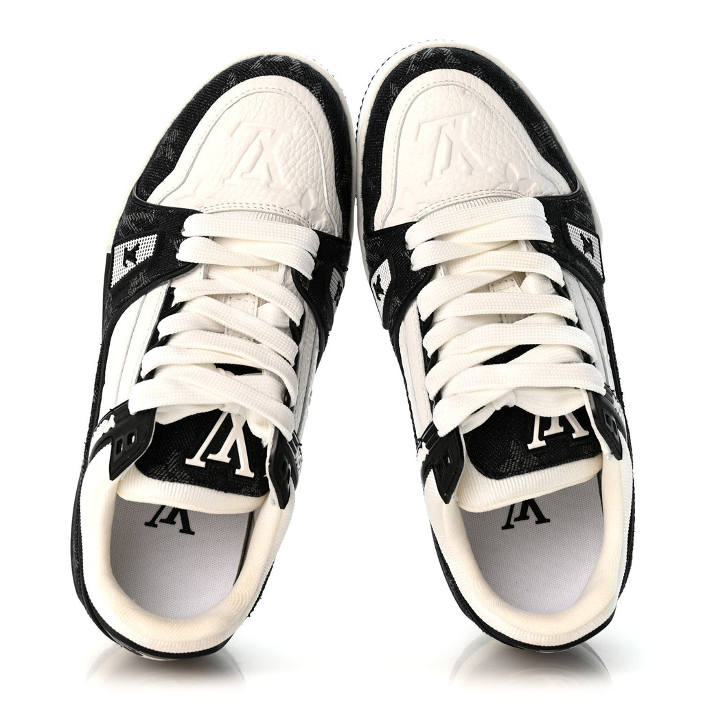 Calfskin Embossed Monogram Denim Womens LV Trainer Sneakers 35 Black