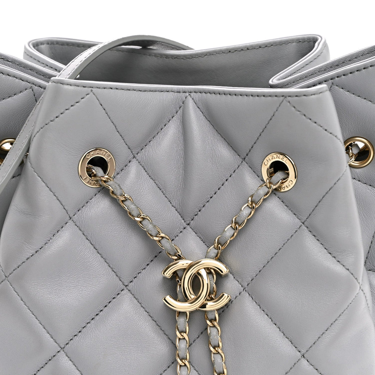 Lambskin Quilted CC Dweller Drawstring Bucket Bag Light Grey
