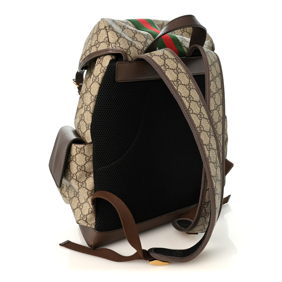 GG Supreme Monogram Medium Ophidia Double Buckle Backpack Brown