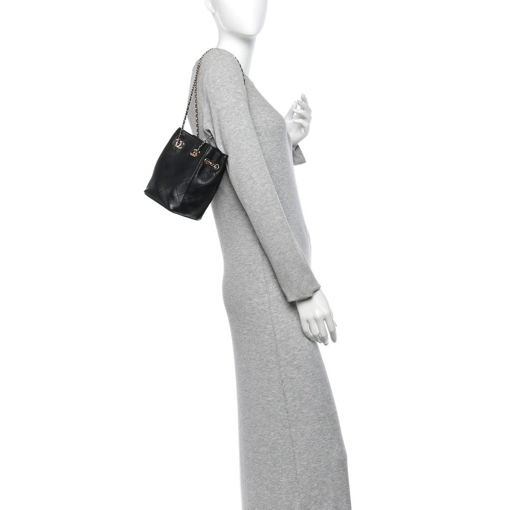 Lambskin Quilted Mini Bucket Bag With Chain  Black