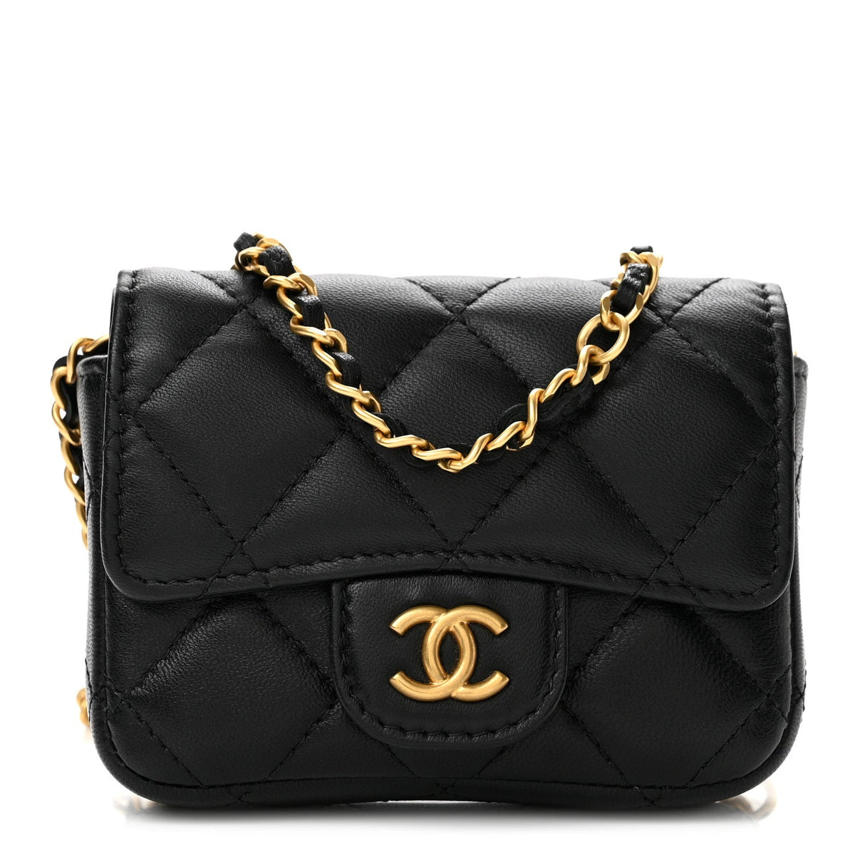 Lambskin Coco Enamel Quilted Mini Chain Belt Bag Black