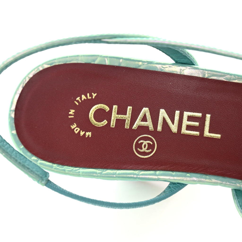 Iridescent Embossed Patent CC Cap Toe CC Slingback Pumps 37.5 Turquoise
